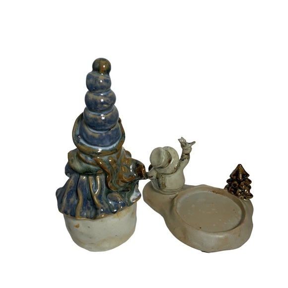 Holiday Candle Holder Set with Snowman Figurine Glazed Ceramic Christmas 2 Piece - Picture 2 of 13